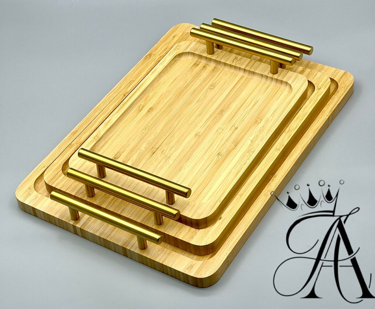 سینی 3تکه بامبو دسته طلایی فلزی