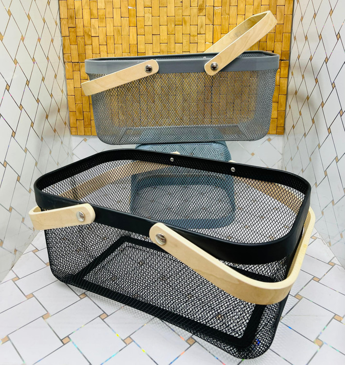 سبد فلزی مستطیل شکل دسته بامبو سایز بزرگ