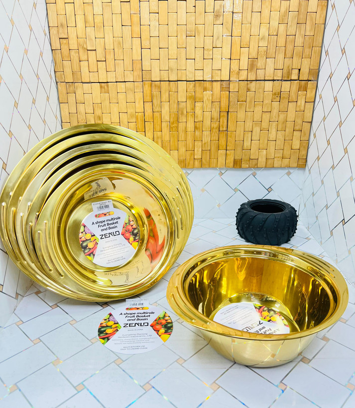 سرویس 5 تیکه آبکش استیل نگیر سه پایه دسته دار ضخیم رنگ طلایی