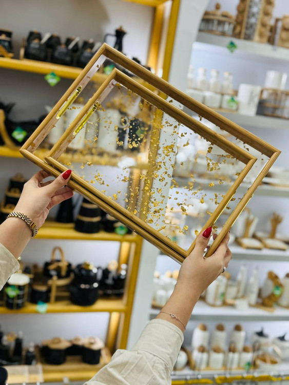 سینی جفتی کف اکرولیک و تزئین شده با ورق طلا