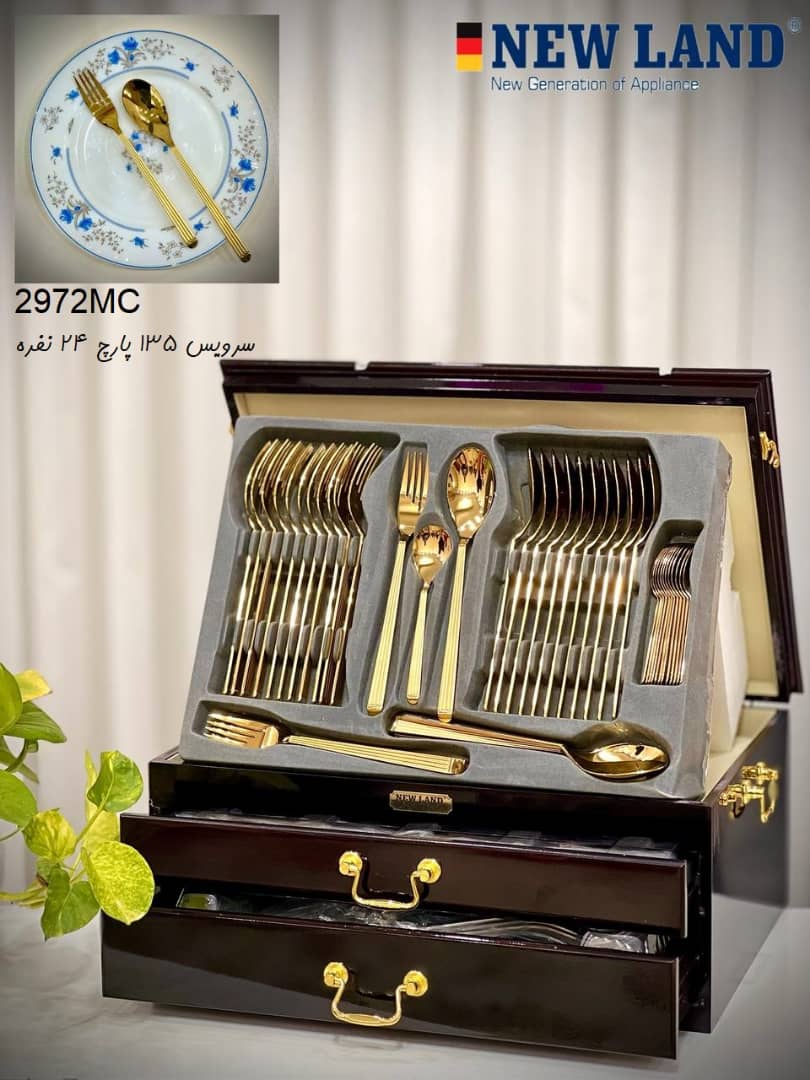 سرویس قاشق و چنگال 135 پارچ 24 نفره صندوق چوبی نیولند مدل 297۲