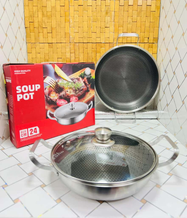 ماهیتابه دو دسته درب دار استیل کفزنبوری ضدخش سایز 24
