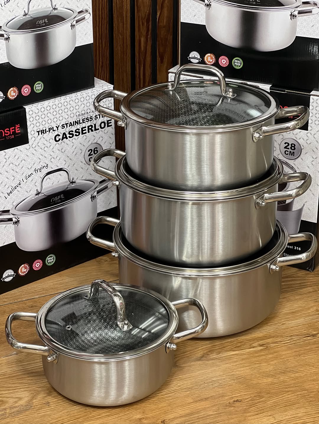 سرویس قابلمه استیل۳۱۶ کف لیزری ضخیم ۱۰ میل سه لایه  ضد خش کاملا نچسب