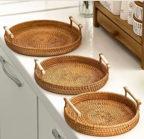 سینی سه تکه جنس حصیری دسته بامبو وارداتی